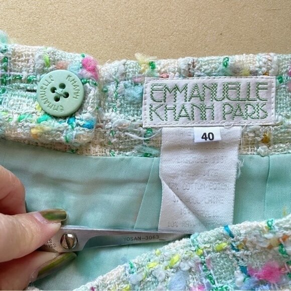 Vintage 90s Emmanuelle Khanh Paris Green Confetti Bouclé Wool Skirt - Small - Picture 5 of 11